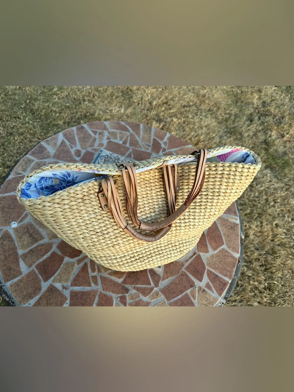 Banana Republic Woven Straw Tote Bag with Blue Floral Lining
